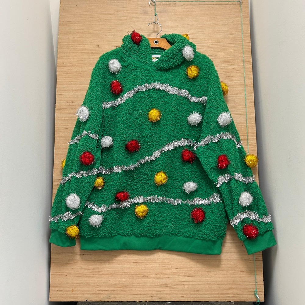 Tipsy Elves Mens Large Green Sherpa Christmas Tree Hoodie Tinsel Pom Poms Star